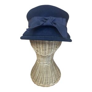 Vintage Glamour Felts Blue 100% Wool Felt Bucket Hat 1960s With Bow MCM Glam
